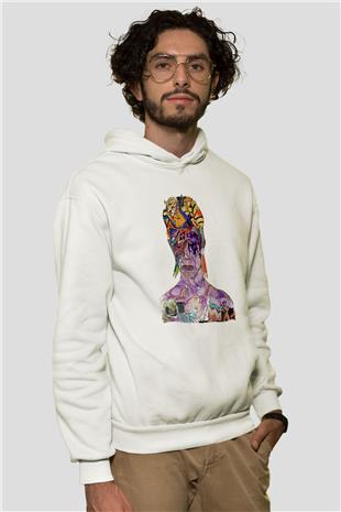 David Bowie Baskılı Beyaz Unisex Kapüşonlu Sweatshirt