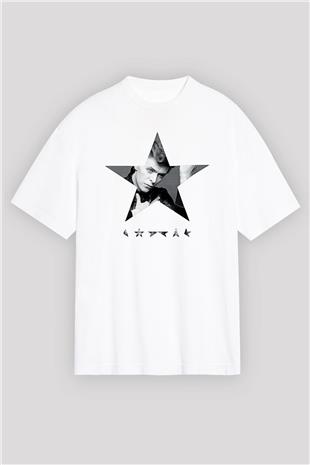 David Bowie Baskılı Beyaz Unisex Oversize Tişört - Tshirt