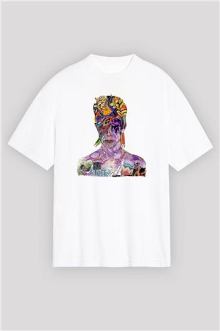 David Bowie Baskılı Beyaz Unisex Oversize Tişört - Tshirt