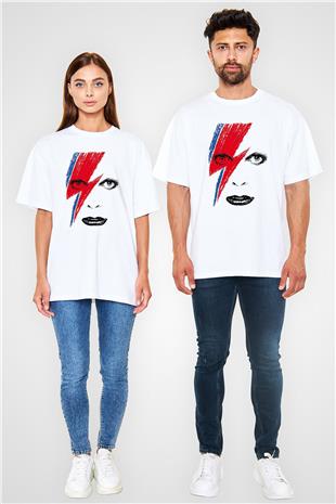 David Bowie Baskılı Beyaz Unisex Oversize Tişört - Tshirt