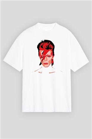 David Bowie Baskılı Beyaz Unisex Oversize Tişört - Tshirt