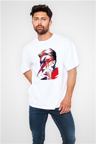 David Bowie Baskılı Beyaz Unisex Oversize Tişört - Tshirt