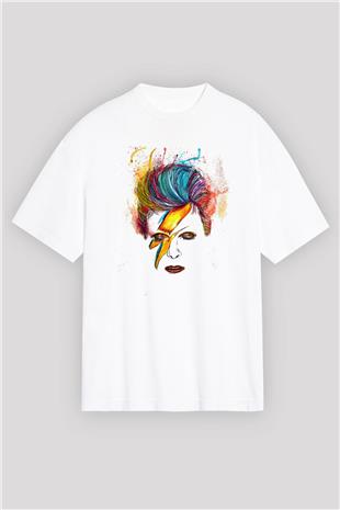 David Bowie Baskılı Beyaz Unisex Oversize Tişört - Tshirt