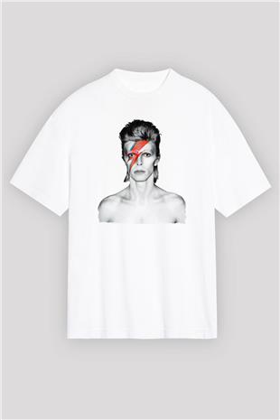 David Bowie Baskılı Beyaz Unisex Oversize Tişört - Tshirt