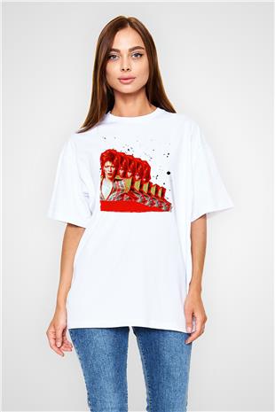 David Bowie Baskılı Beyaz Unisex Oversize Tişört - Tshirt