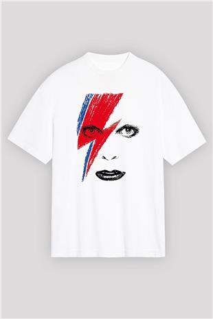 David Bowie Baskılı Beyaz Unisex Oversize Tişört - Tshirt