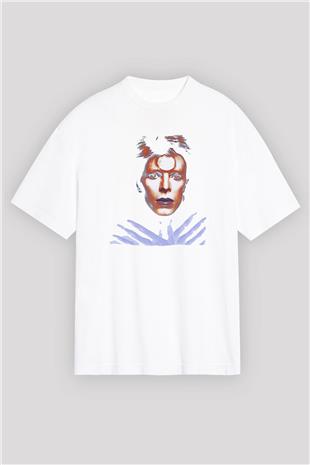 David Bowie Baskılı Beyaz Unisex Oversize Tişört - Tshirt