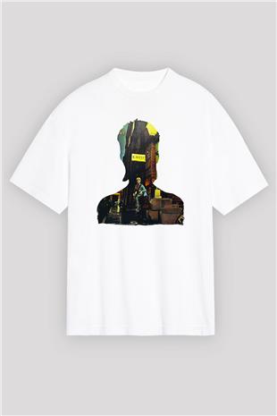 David Bowie Baskılı Beyaz Unisex Oversize Tişört - Tshirt