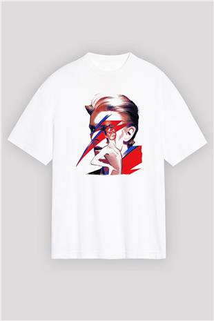 David Bowie Baskılı Beyaz Unisex Oversize Tişört - Tshirt