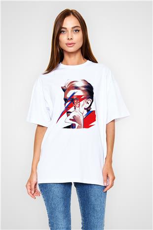 David Bowie Baskılı Beyaz Unisex Oversize Tişört - Tshirt