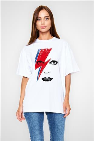David Bowie Baskılı Beyaz Unisex Oversize Tişört - Tshirt