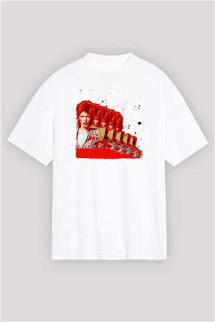 David Bowie Baskılı Beyaz Unisex Oversize Tişört - Tshirt