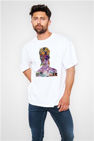 David Bowie Baskılı Beyaz Unisex Oversize Tişört - Tshirt