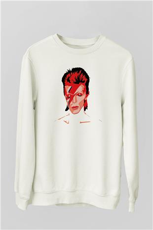 David Bowie Baskılı Beyaz Unisex Sweatshirt