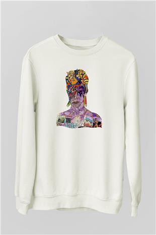 David Bowie Baskılı Beyaz Unisex Sweatshirt