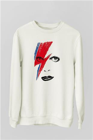 David Bowie Baskılı Beyaz Unisex Sweatshirt