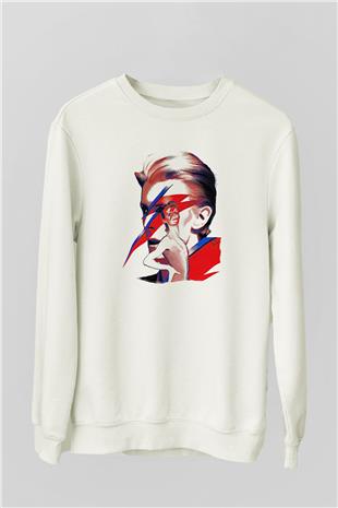 David Bowie Baskılı Beyaz Unisex Sweatshirt