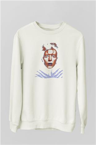 David Bowie Baskılı Beyaz Unisex Sweatshirt