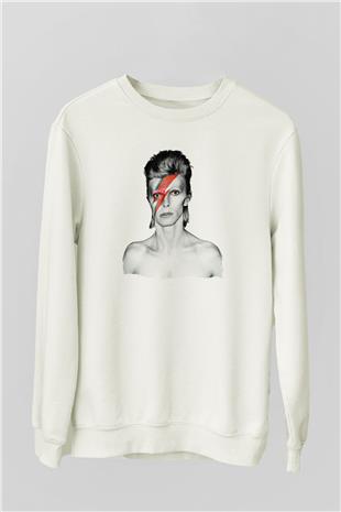 David Bowie Baskılı Beyaz Unisex Sweatshirt
