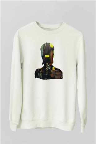 David Bowie Baskılı Beyaz Unisex Sweatshirt