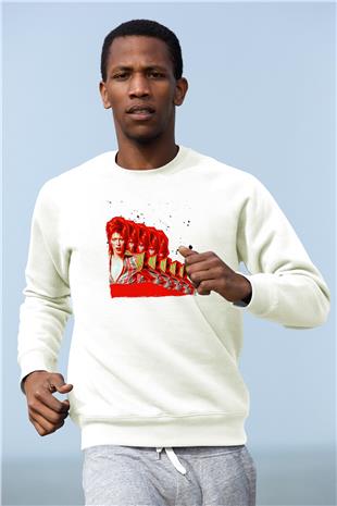 David Bowie Baskılı Beyaz Unisex Sweatshirt