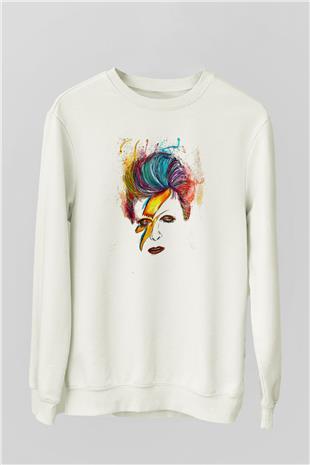 David Bowie Baskılı Beyaz Unisex Sweatshirt