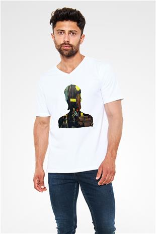 David Bowie Baskılı Beyaz Unisex V Yaka Tişört - Tshirt