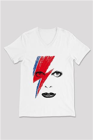David Bowie Baskılı Beyaz Unisex V Yaka Tişört - Tshirt