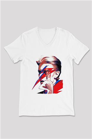 David Bowie Baskılı Beyaz Unisex V Yaka Tişört - Tshirt