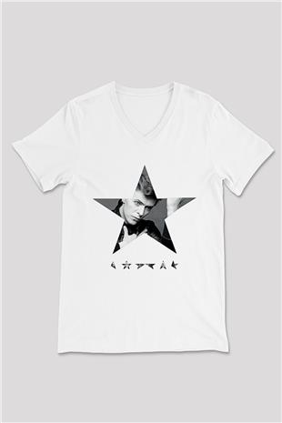 David Bowie Baskılı Beyaz Unisex V Yaka Tişört - Tshirt