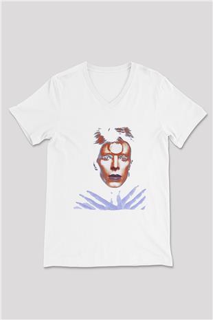 David Bowie Baskılı Beyaz Unisex V Yaka Tişört - Tshirt
