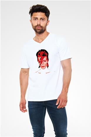 David Bowie Baskılı Beyaz Unisex V Yaka Tişört - Tshirt
