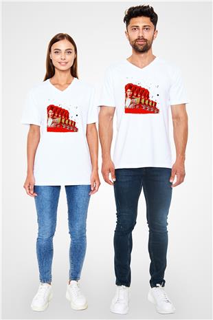 David Bowie Baskılı Beyaz Unisex V Yaka Tişört - Tshirt