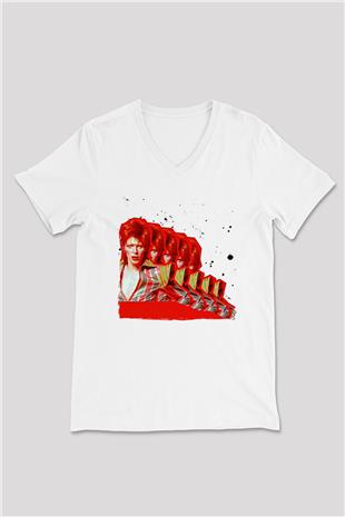 David Bowie Baskılı Beyaz Unisex V Yaka Tişört - Tshirt