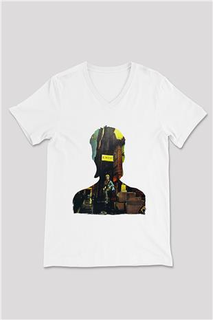 David Bowie Baskılı Beyaz Unisex V Yaka Tişört - Tshirt
