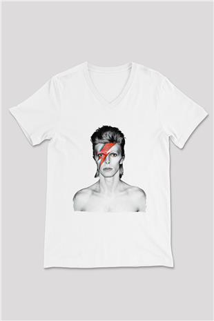 David Bowie Baskılı Beyaz Unisex V Yaka Tişört - Tshirt