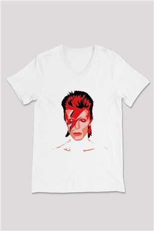 David Bowie Baskılı Beyaz Unisex V Yaka Tişört - Tshirt