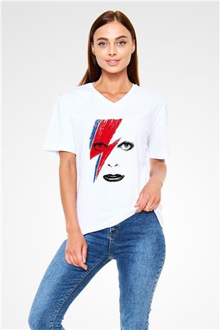 David Bowie Baskılı Beyaz Unisex V Yaka Tişört - Tshirt