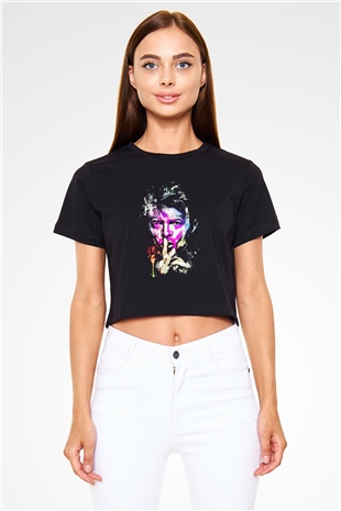David Bowie Baskılı Siyah Crop Top Kadın Tişört - Tshirt