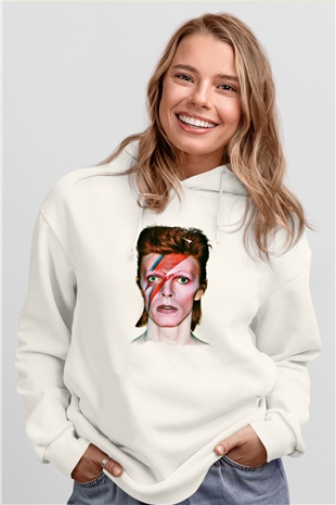 David Bowie Baskılı Unisex Beyaz Hoodie