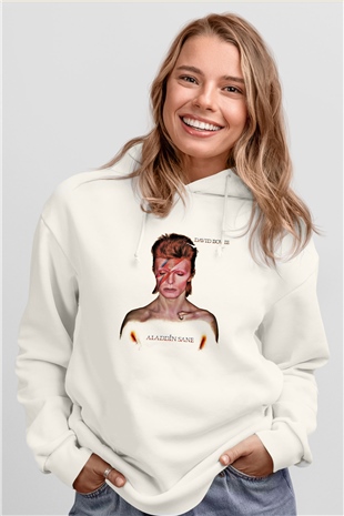 David Bowie Baskılı Unisex Beyaz Hoodie