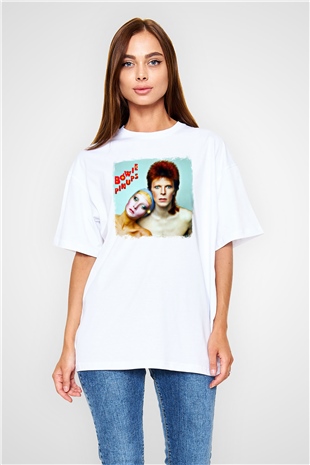 David Bowie Baskılı Unisex Beyaz Oversize Tişört