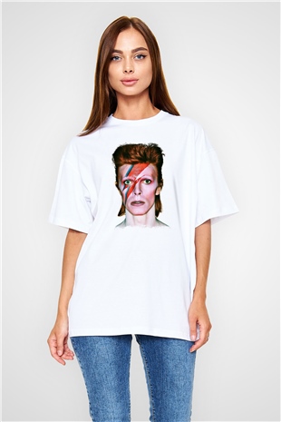 David Bowie Baskılı Unisex Beyaz Oversize Tişört