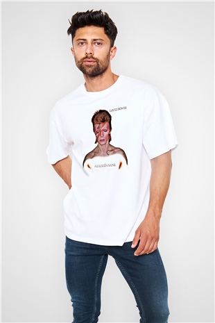 David Bowie Baskılı Unisex Beyaz Oversize Tişört