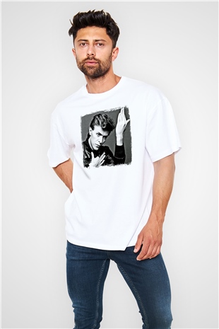 David Bowie Baskılı Unisex Beyaz Oversize Tişört