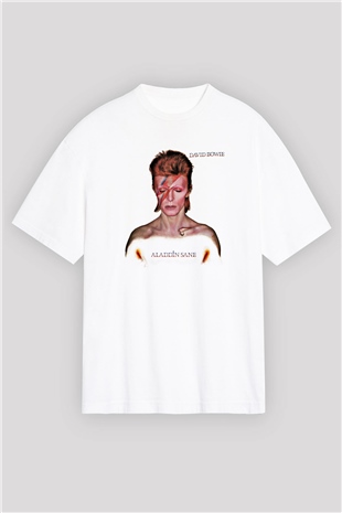 David Bowie Baskılı Unisex Beyaz Oversize Tişört