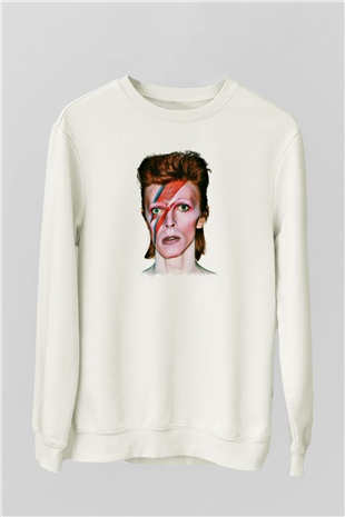 David Bowie Baskılı Unisex Beyaz Sweatshirt