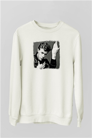 David Bowie Baskılı Unisex Beyaz Sweatshirt