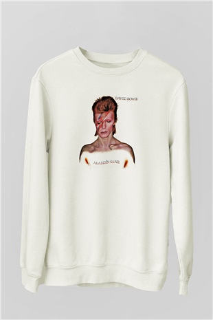 David Bowie Baskılı Unisex Beyaz Sweatshirt