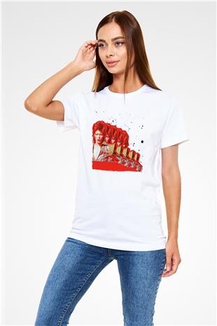 David Bowie Baskılı Unisex Beyaz Tişört - Tshirt